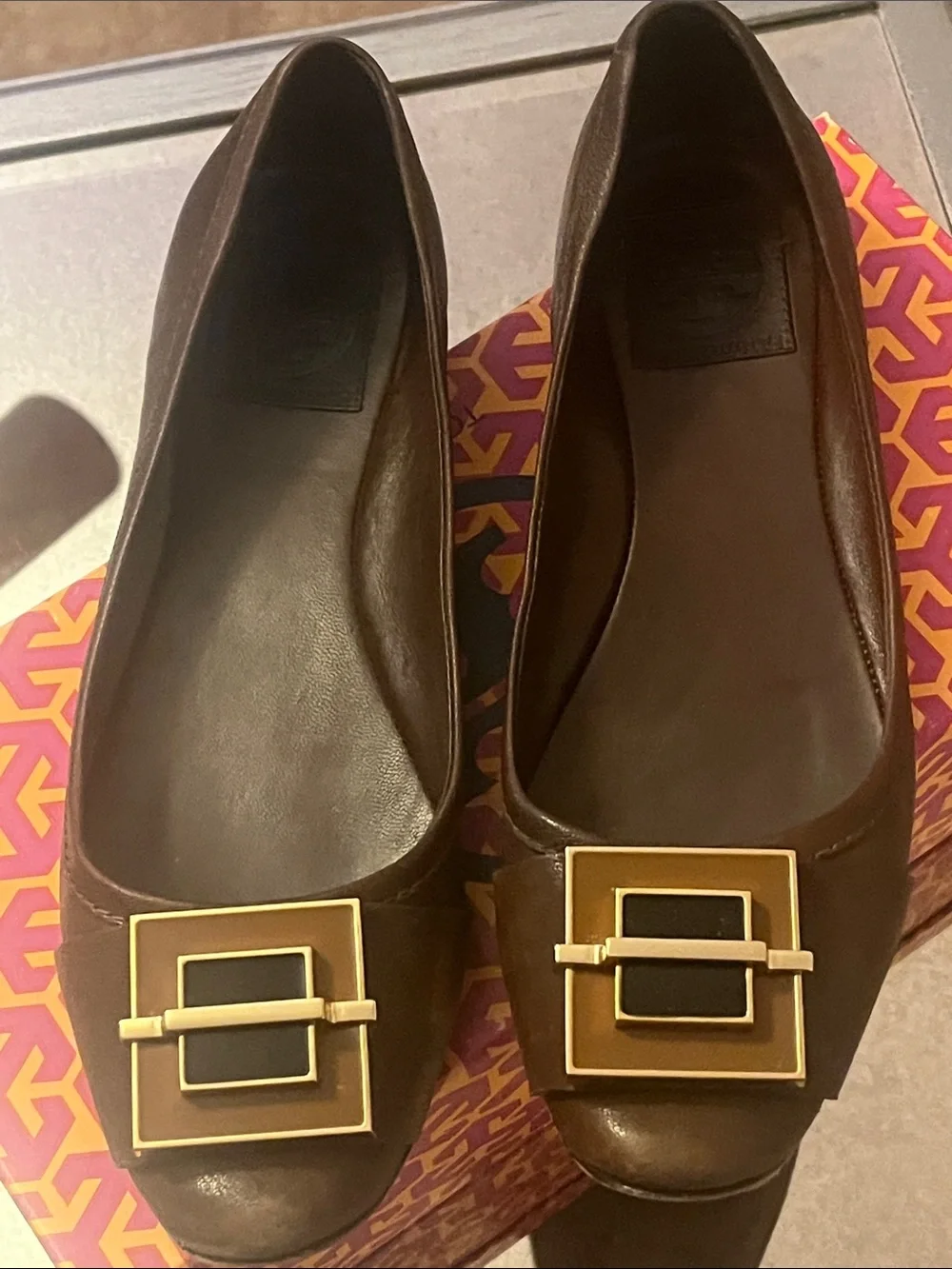 Vintage Tory Burch Brown Leather Ballet Flats with Gold Square Buckle